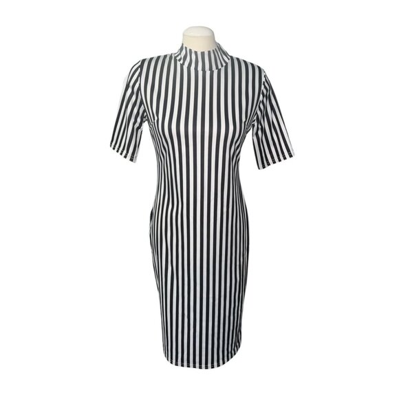 Black & White Vertical Striped Prisoner Jail Costume Dress With High Neck Short - Picture 1 of 10